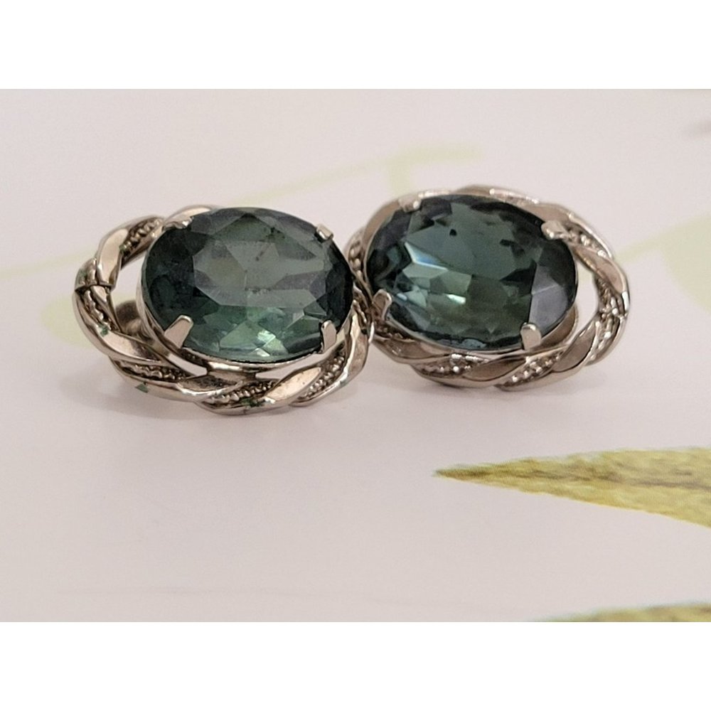 Vintage Earrings Screw Back Faux Aquamarine Rhinestone Silver Tone Sea Green